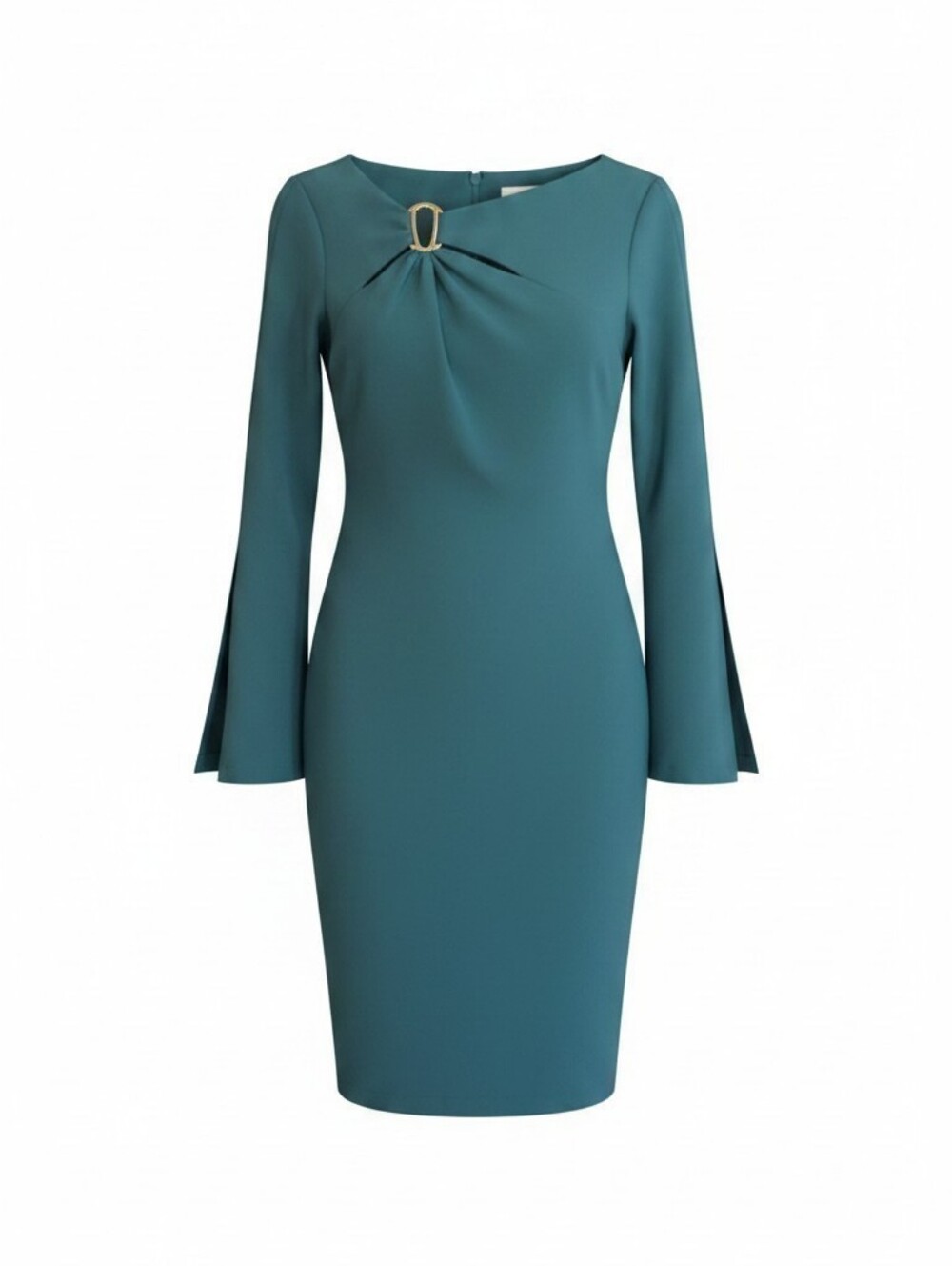 Brand New Calvin Klein Teal Midi Buckle Sheath Dress with Bell Sleeves Size 6